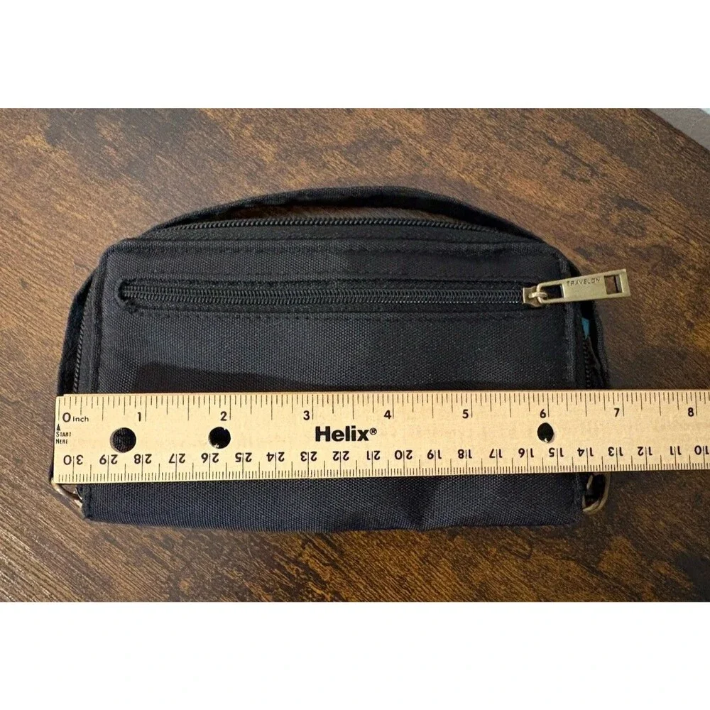 Travelon Wallet Clutch Wristlet Zip around Wrist Strap Black Turquoise Lining